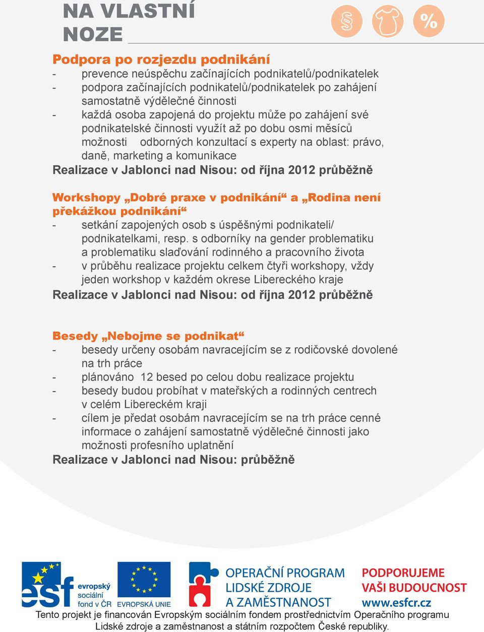 Jablonci nad Nisou: od října 2012 průběžně Workshopy Dobré praxe v podnikání a Rodina není překážkou podnikání - setkání zapojených osob s úspěšnými podnikateli/ podnikatelkami, resp.