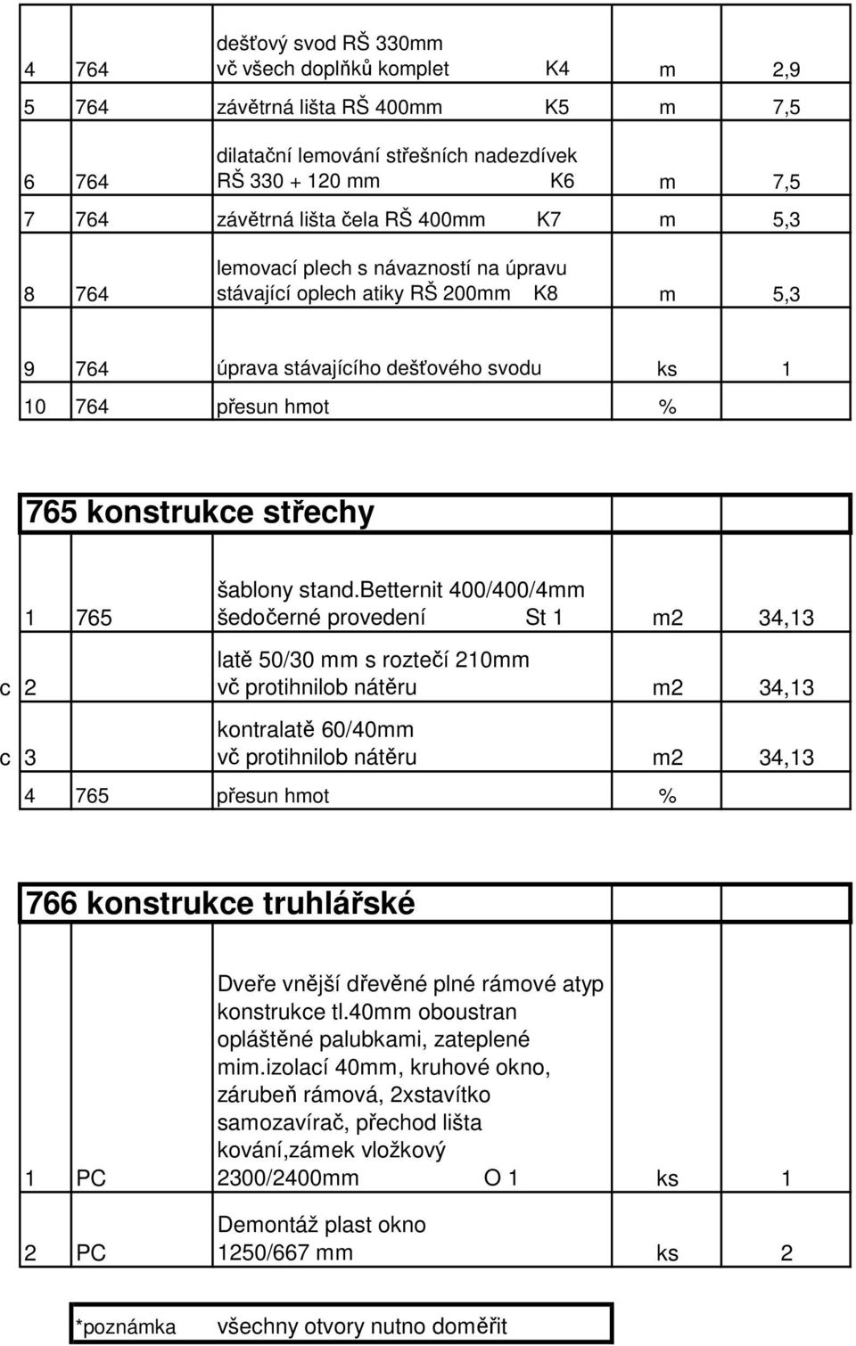 betternit 00/00/mm šedočerné provedení St m, latě 50/0 mm s roztečí 0mm vč protihnilob nátěru m, kontralatě 60/0mm vč protihnilob nátěru m, 765 přesun hmot % 766 konstrukce truhlářské PC PC Dveře