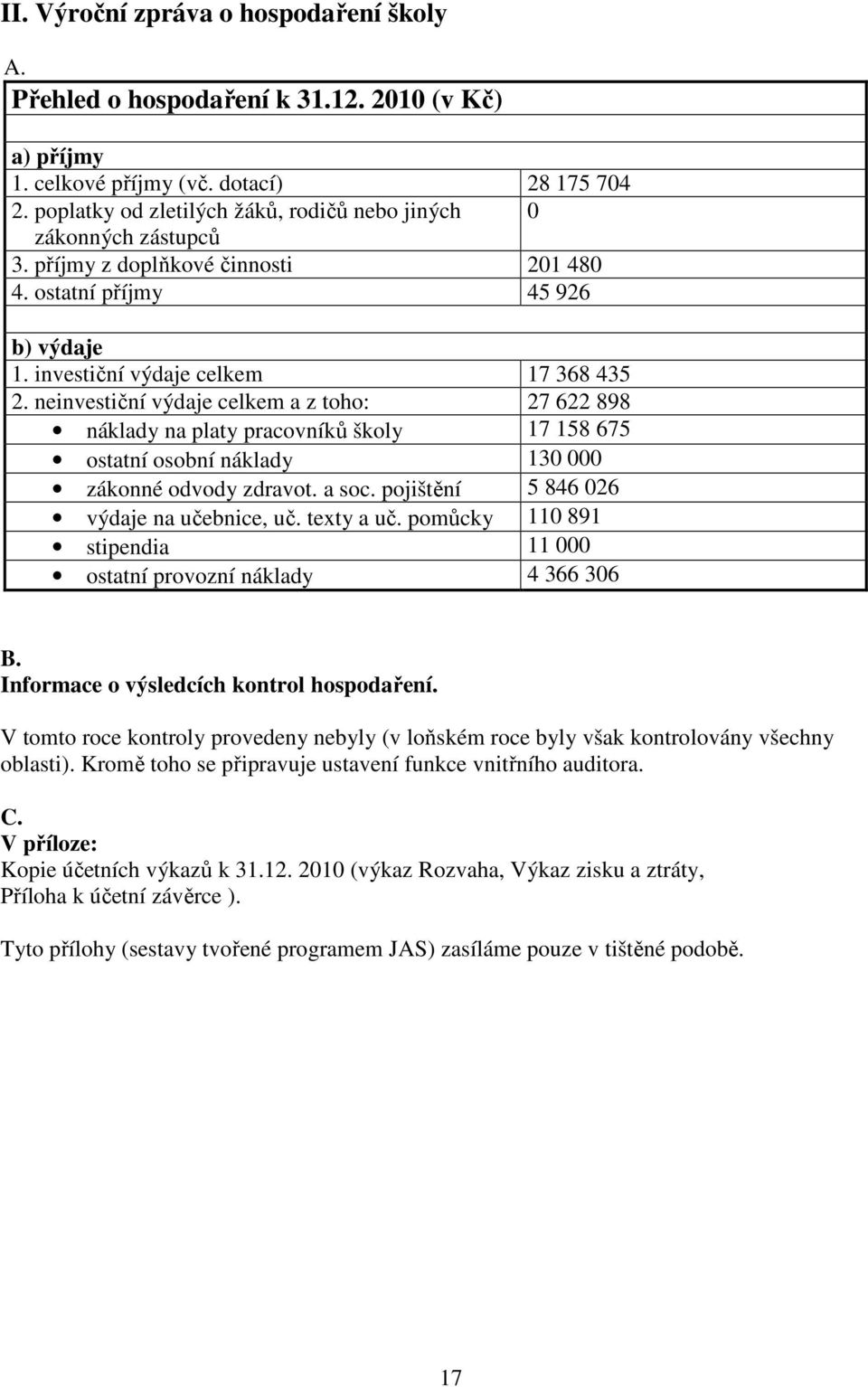 neinvestiční výdaje celkem a z toho: 27 622 898 náklady na platy pracovníků školy 17 158 675 ostatní osobní náklady 130 000 zákonné odvody zdravot. a soc. pojištění 5 846 026 výdaje na učebnice, uč.