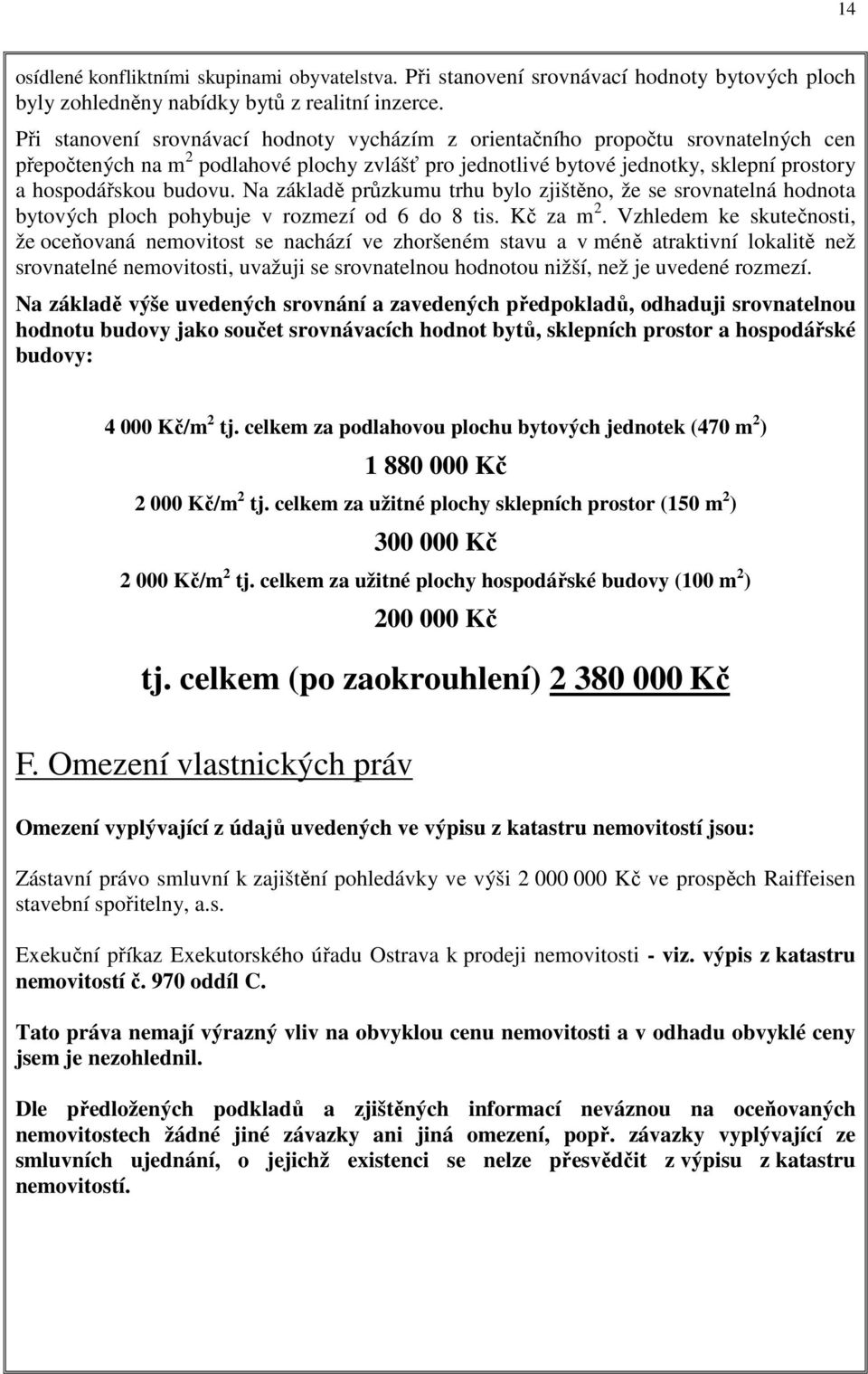 Na základě průzkumu trhu bylo zjištěno, že se srovnatelná hodnota bytových ploch pohybuje v rozmezí od 6 do 8 tis. Kč za m 2.