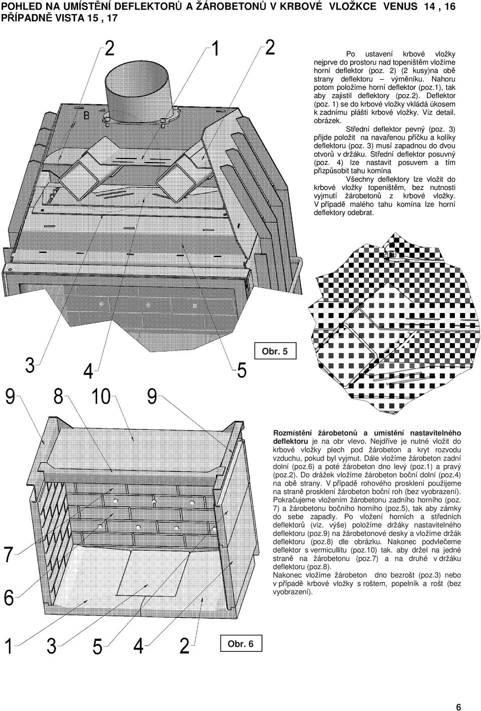 1) se do krbové vložky vkládá úkosem k zadnímu plášti krbové vložky. Viz detail. obrázek. Střední deflektor pevný (poz. 3) přijde položit na navařenou příčku a kolíky deflektoru (poz.