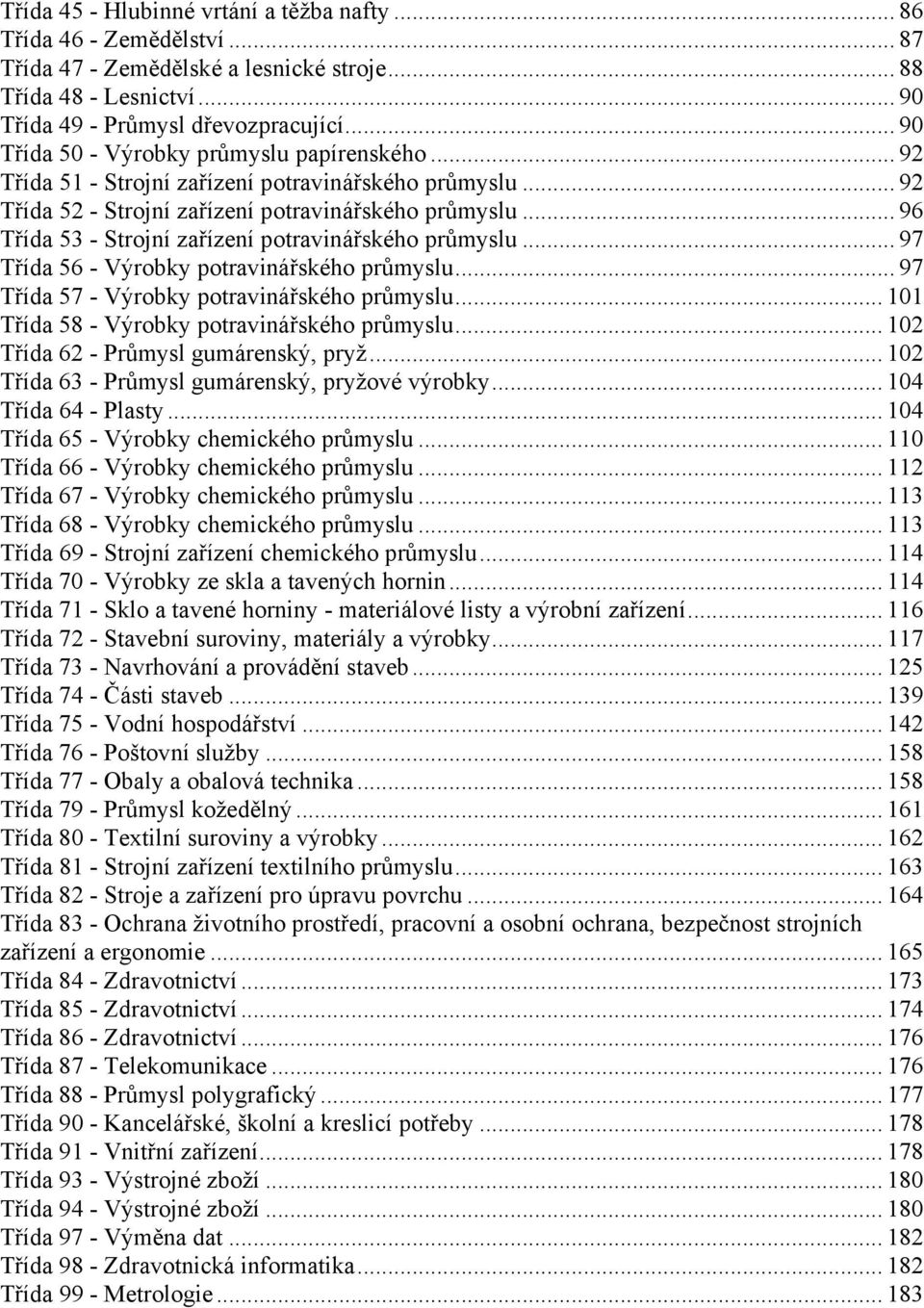 .. 96 Třída 53 - Strojní zařízení potravinářského průmyslu... 97 Třída 56 - Výrobky potravinářského průmyslu... 97 Třída 57 - Výrobky potravinářského průmyslu.