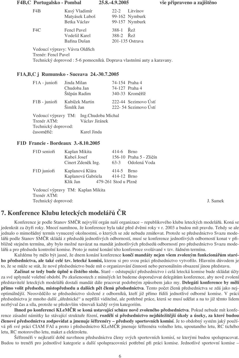 Ostrava Vedoucí výpravy: Vávra Oldřich Trenér: Fencl Pavel Technický doprovod : 5-6 pomocníků. Doprava vlastními auty a karavany. F1A,B,C j Rumunsko - Suceava 24.-30.7.