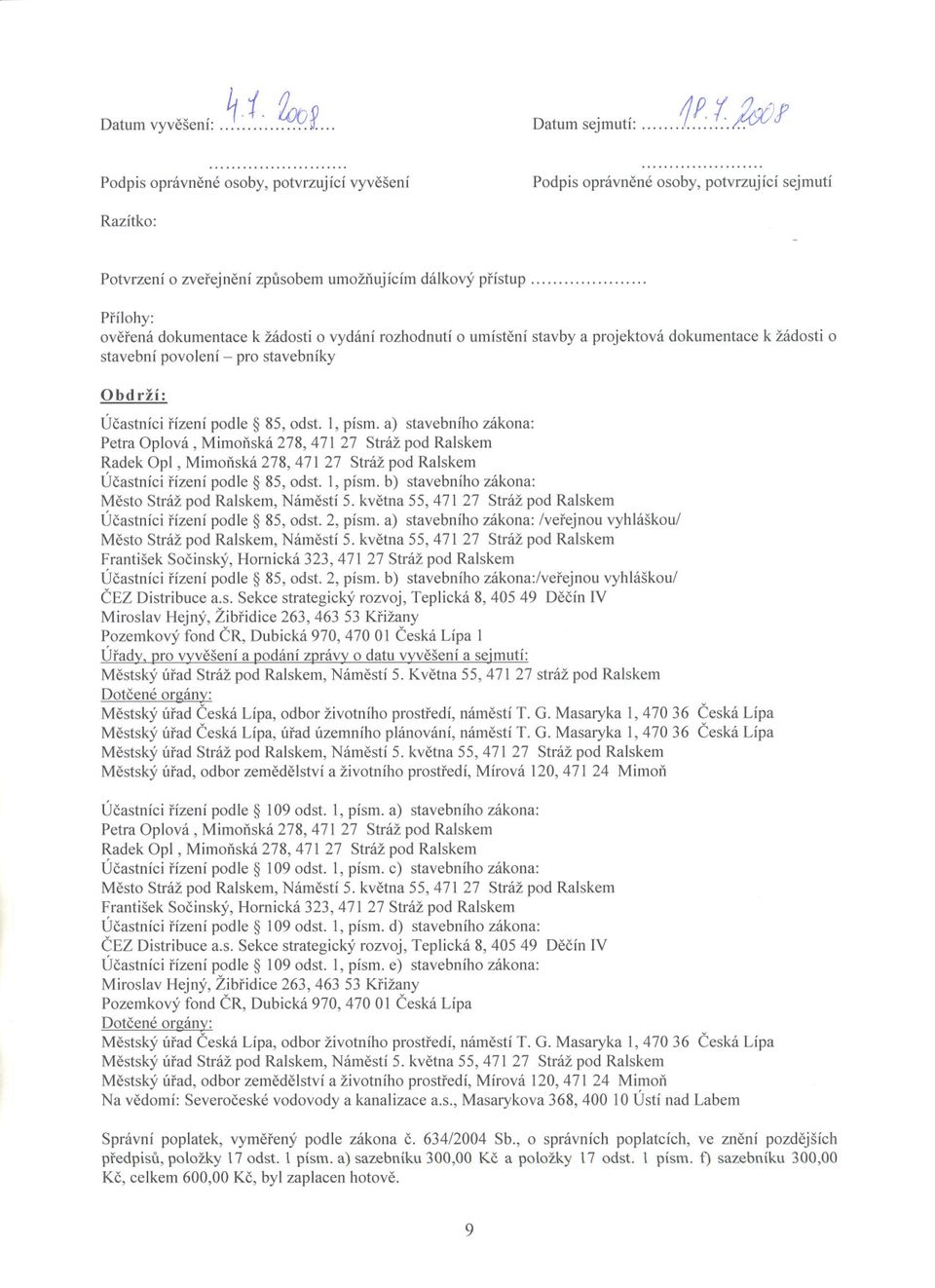 .................... Prílohy: overená dokumentace k žádosti o vydání rozhodnutí o umístení stavby a projektová dokumentace k žádosti o stavební povolení - pro stavebníky Obdrží: Úcastníci rízení podle 85, odst.