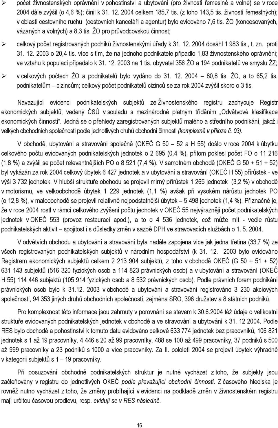 ŽO pro průvodcovskou činnost; celkový počet registrovaných podniků živnostenskými úřady k 31. 12. 2004 dosáhl 1 983 tis., t. zn. proti 31. 12. 2003 o 20,4 tis.