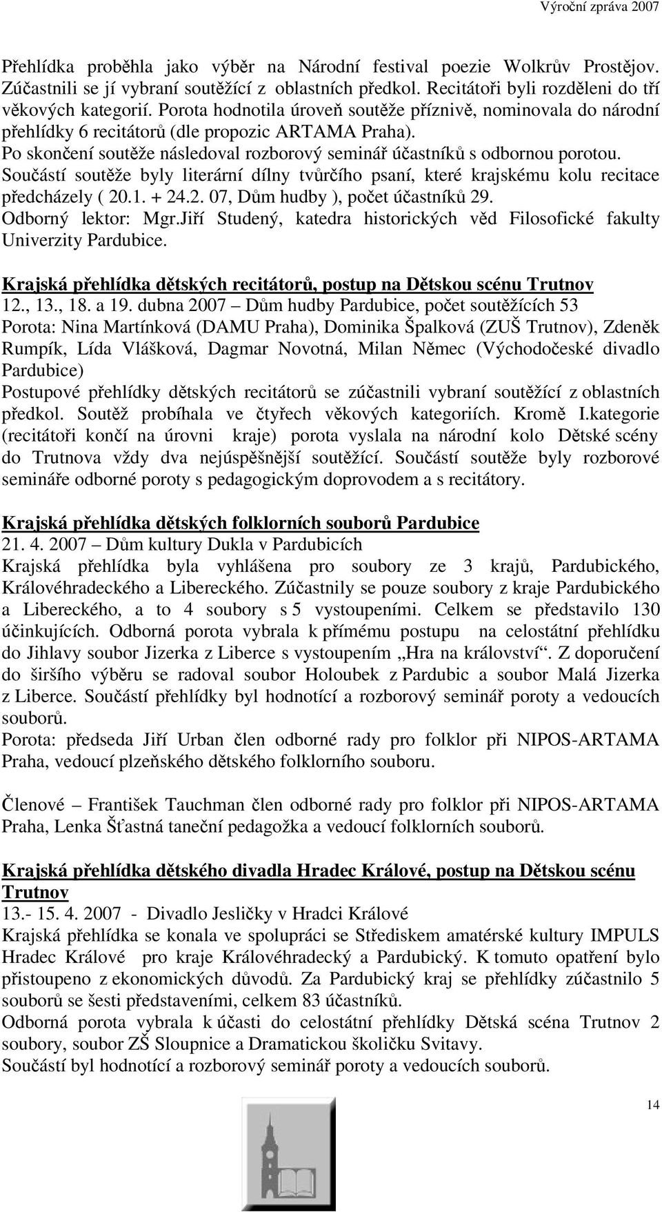 Souástí soutže byly literární dílny tvrího psaní, které krajskému kolu recitace pedcházely ( 20.1. + 24.2. 07, Dm hudby ), poet úastník 29. Odborný lektor: Mgr.