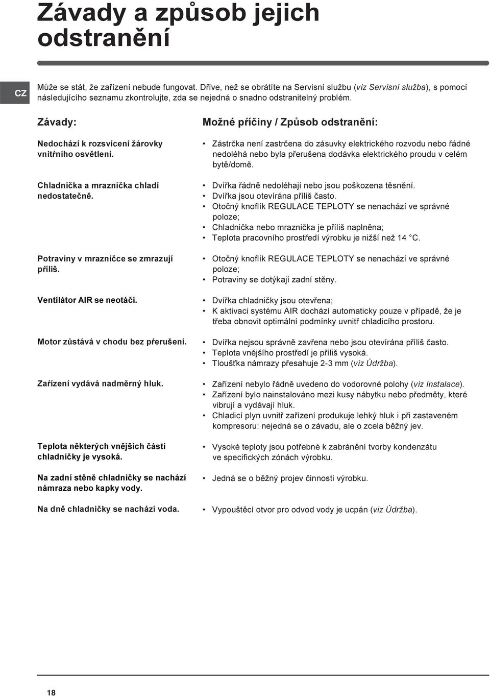 Závady: Nedochází k rozsvícení žárovky vnitøního osvìtlení. Chladnièka a mraznièka chladí nedostateènì. Potraviny v mraznièce se zmrazují pøíliš. Ventilátor AIR se neotáèí.