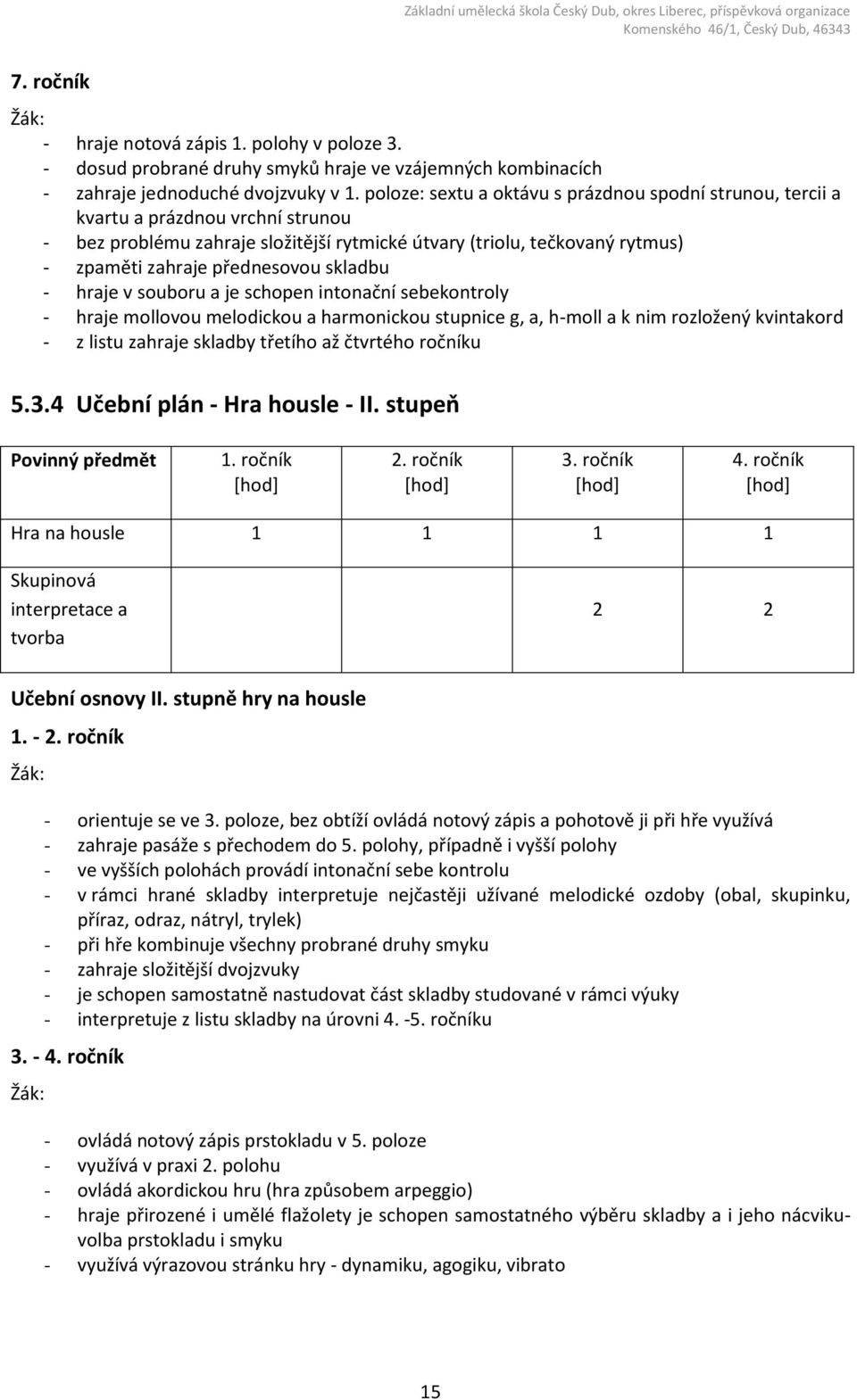 skladbu - hraje v souboru a je schopen intonační sebekontroly - hraje mollovou melodickou a harmonickou stupnice g, a, h-moll a k nim rozložený kvintakord - z listu zahraje skladby třetího až