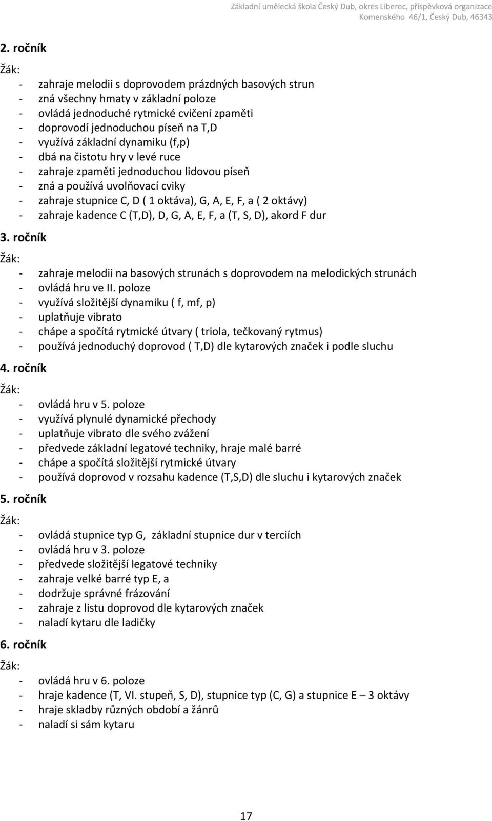 kadence C (T,D), D, G, A, E, F, a (T, S, D), akord F dur 3. - zahraje melodii na basových strunách s doprovodem na melodických strunách - ovládá hru ve II.