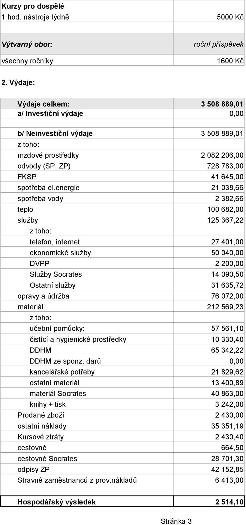 energie 21 038,66 spotřeba vody 2 382,66 teplo 100 682,00 služby 125 367,22 telefon, internet 27 401,00 ekonomické služby 50 040,00 DVPP 2 200,00 Služby Socrates 14 090,50 Ostatní služby 31 635,72