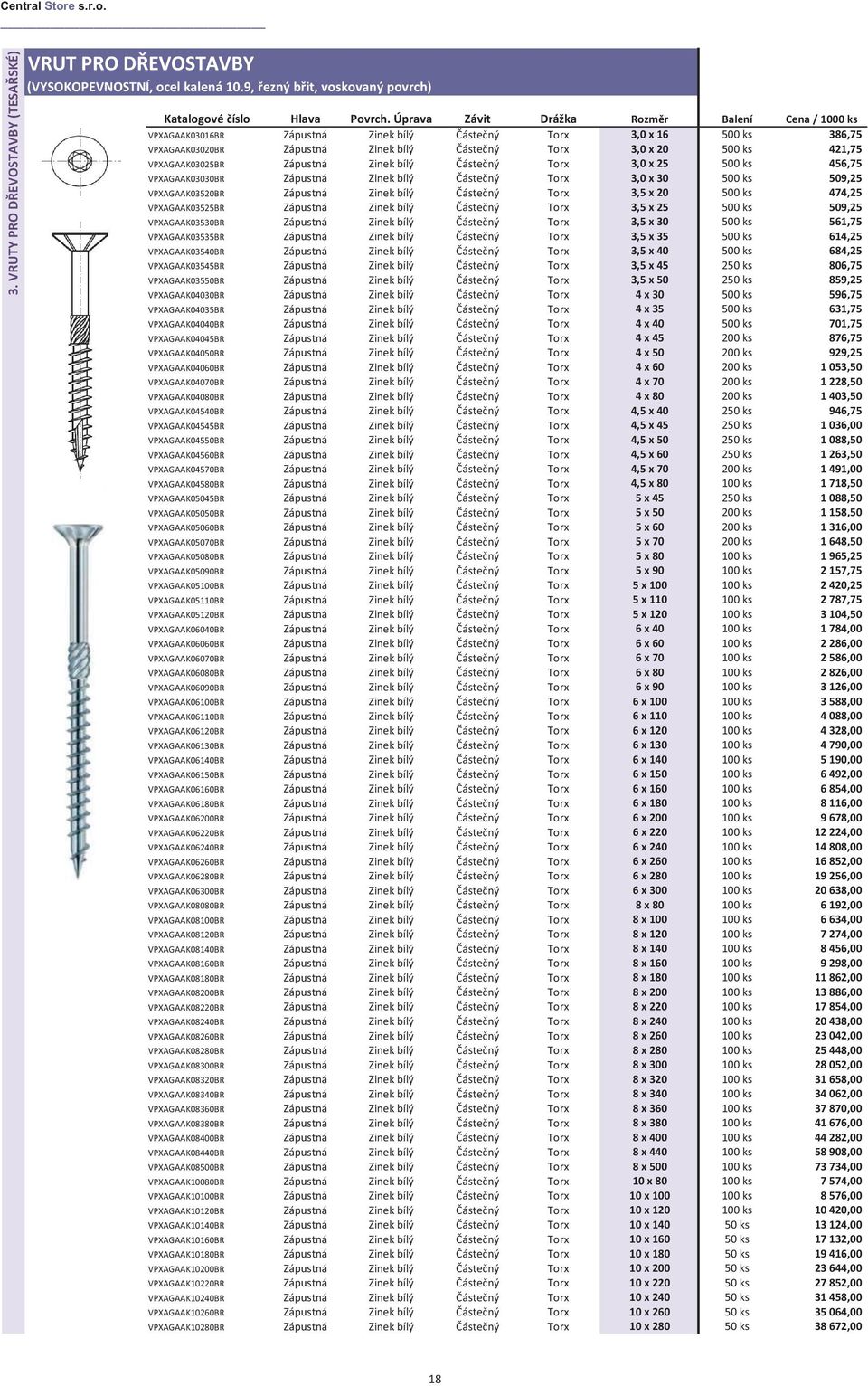 Zápustná Zinek bílý Částečný Torx 3,0 x 25 500 ks 456,75 VPXAGAAK03030BR Zápustná Zinek bílý Částečný Torx 3,0 x 30 500 ks 509,25 VPXAGAAK03520BR Zápustná Zinek bílý Částečný Torx 3,5 x 20 500 ks