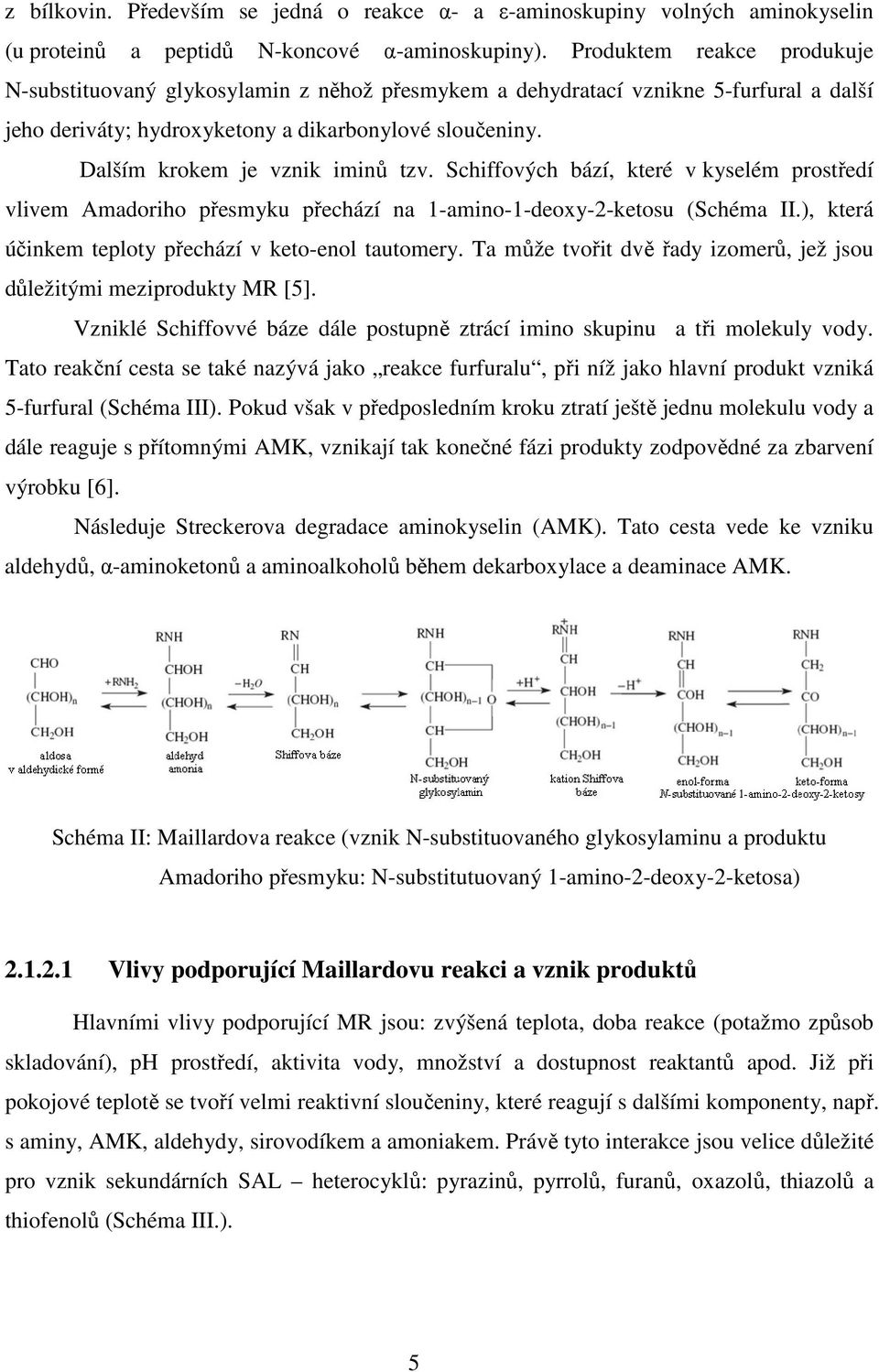 Dalším krokem je vznik iminů tzv. Schiffových bází, které v kyselém prostředí vlivem Amadoriho přesmyku přechází na 1-amino-1-deoxy-2-ketosu (Schéma II.