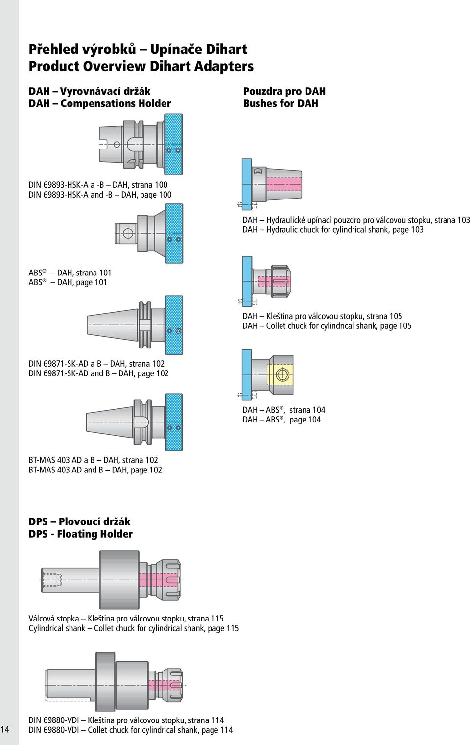 strana 05 DAH Collet chuck for cylindrical shank, page 05 DIN 6987-SK-AD a B DAH, strana 02 DIN 6987-SK-AD and B DAH, page 02 DAH ABS, strana 04 DAH ABS, page 04 BT-MAS 403 AD a B DAH, strana 02