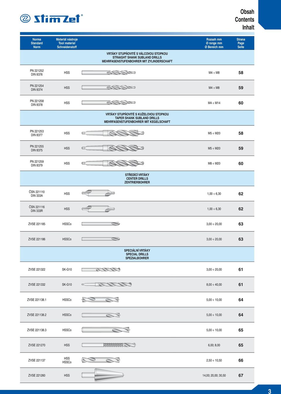 MEHRFASENSTUFENBOHRER MIT KEGESCHAFT PN 221253 DIN 8377 HSS M5 M20 58 PN 221255 DIN 8375 HSS M5 M20 59 PN 221259 DIN 8379 HSS M8 M20 60 STŘEDÍCÍ VRTÁKY CENTER DRIS ZENTRIERBOHRER ČSN 221110 DIN 333A