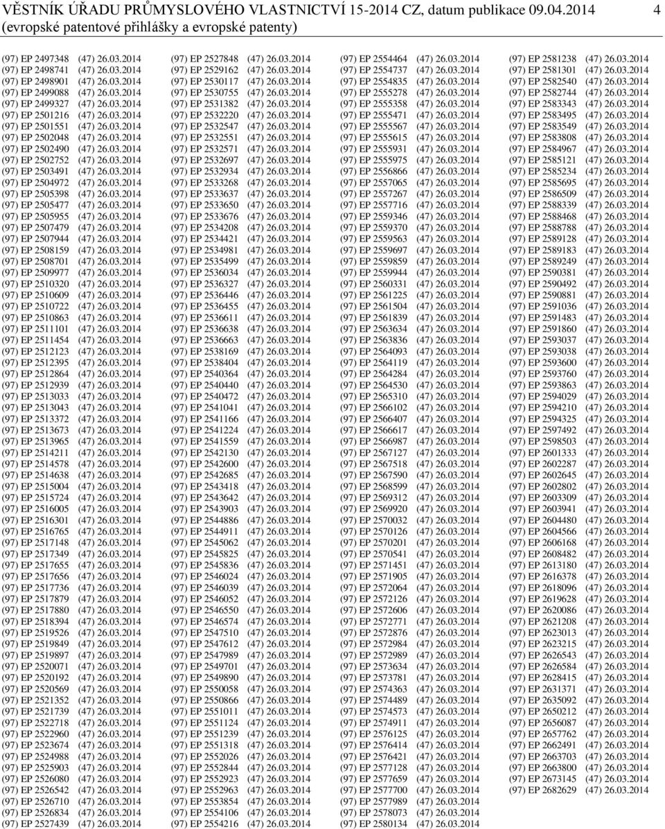 03.2014 (97) EP 2503491 (47) 26.03.2014 (97) EP 2504972 (47) 26.03.2014 (97) EP 2505398 (47) 26.03.2014 (97) EP 2505477 (47) 26.03.2014 (97) EP 2505955 (47) 26.03.2014 (97) EP 2507479 (47) 26.03.2014 (97) EP 2507944 (47) 26.