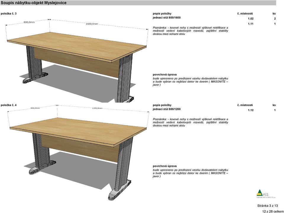 12 1 Poznámka: - kovové nohy s možností výškové rektifikace a možností vedení kabelových rozvodů, zajištění stability deskou mezi nohami stolu povrchová úprava bude upresneno po predlozeni