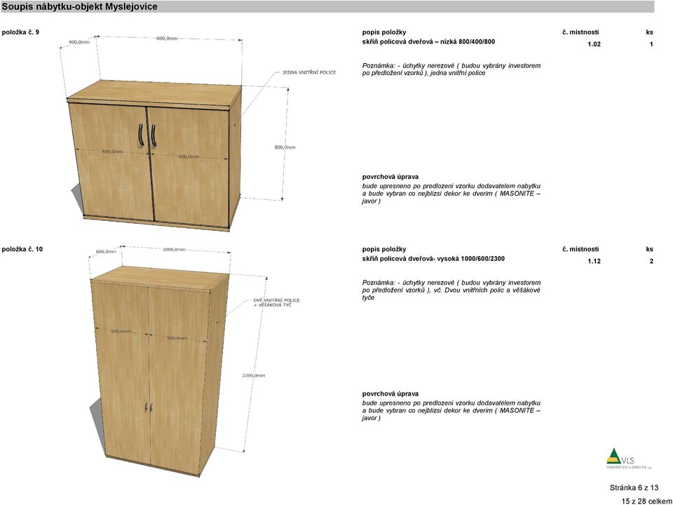 vybran co nejblizsi dekor ke dverim ( MASONITE javor ) položka č. 10 popis položky č. místnosti ks skříň policová dveřová- vysoká 1000/600/2300 1.