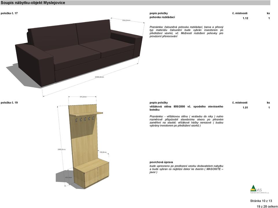Možnosti rozložení pohovky pro provizorní přenocování položka č. 19 popis položky č. místnosti ks věšáková stěna 850/2000 vč. spodního otevíravého botníku 1.
