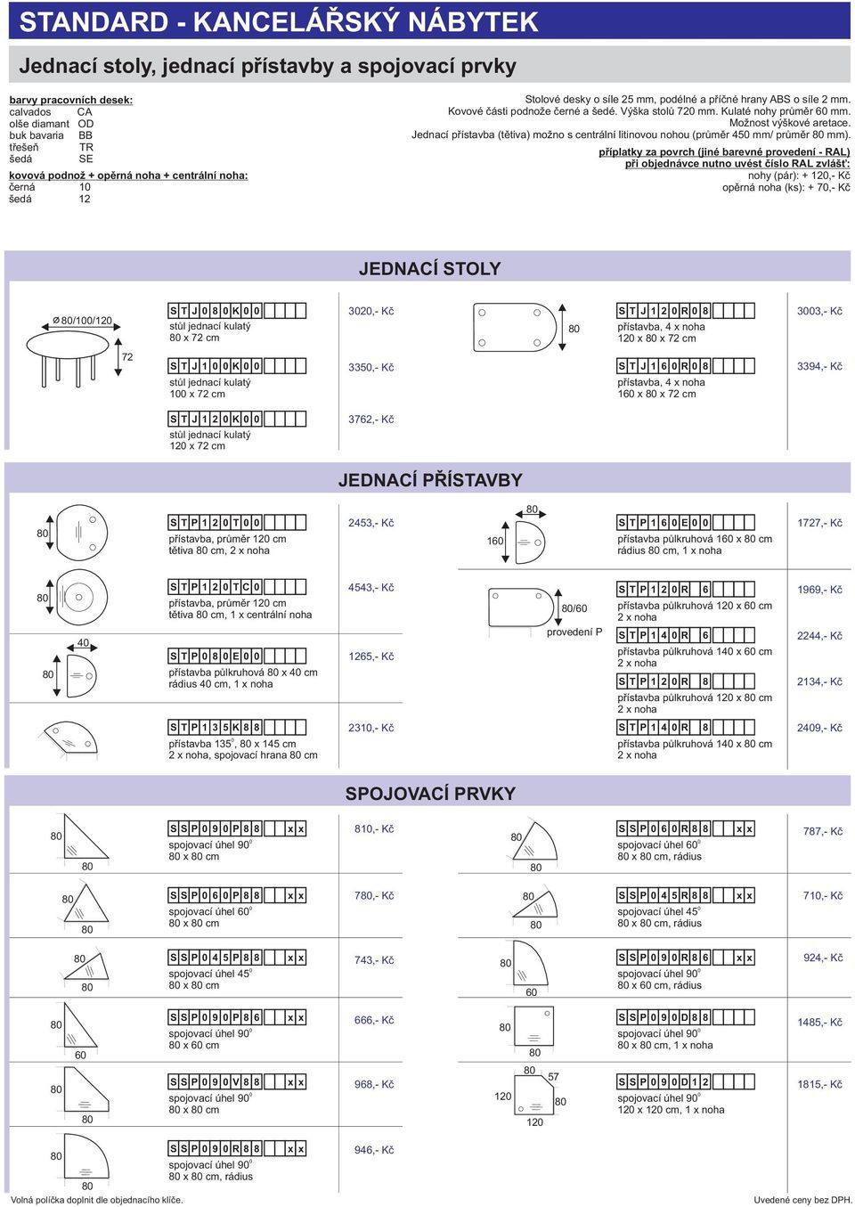 pøíplatky za povrch (jiné - RAL) pøi objednávce nutno uvést èíslo RAL zvláš : nohy (pár): + 12,- Kè opìrná noha (ks): + 7,- Kè JEDNACÍ STOLY /1/12 S T J 8 K stùl jednací kulatý x cm 32,- Kè S T J 1 2