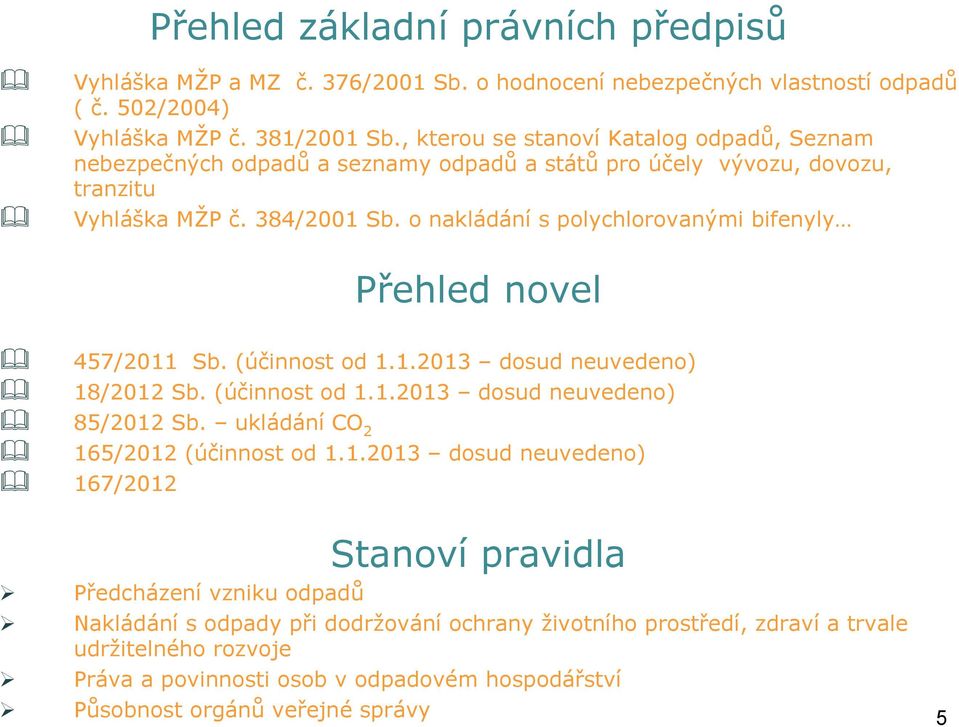 o nakládání s polychlorovanými bifenyly Přehled novel 457/2011 Sb. (účinnost od 1.1.2013 dosud neuvedeno) 18/2012 Sb. (účinnost od 1.1.2013 dosud neuvedeno) 85/2012 Sb.