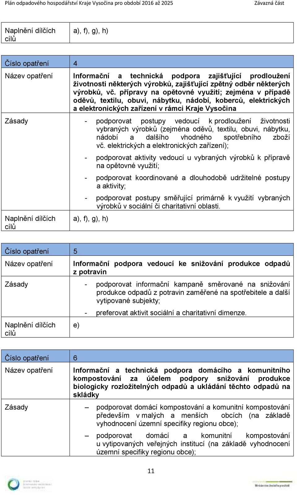 přípravy na opětovné využití; zejména v případě oděvů, textilu, obuvi, nábytku, nádobí, koberců, elektrických a elektronických zařízení v rámci Kraje Vysočina - podporovat postupy vedoucí k