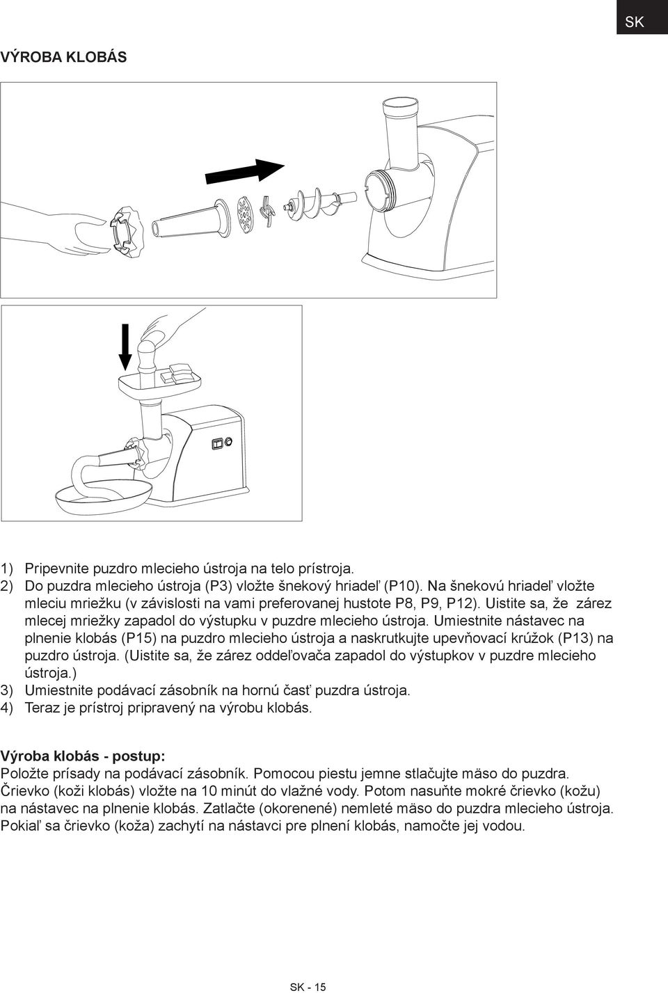 Umiestnite nástavec na plnenie klobás (P15) na puzdro mlecieho ústroja a naskrutkujte upevňovací krúžok (P13) na puzdro ústroja.