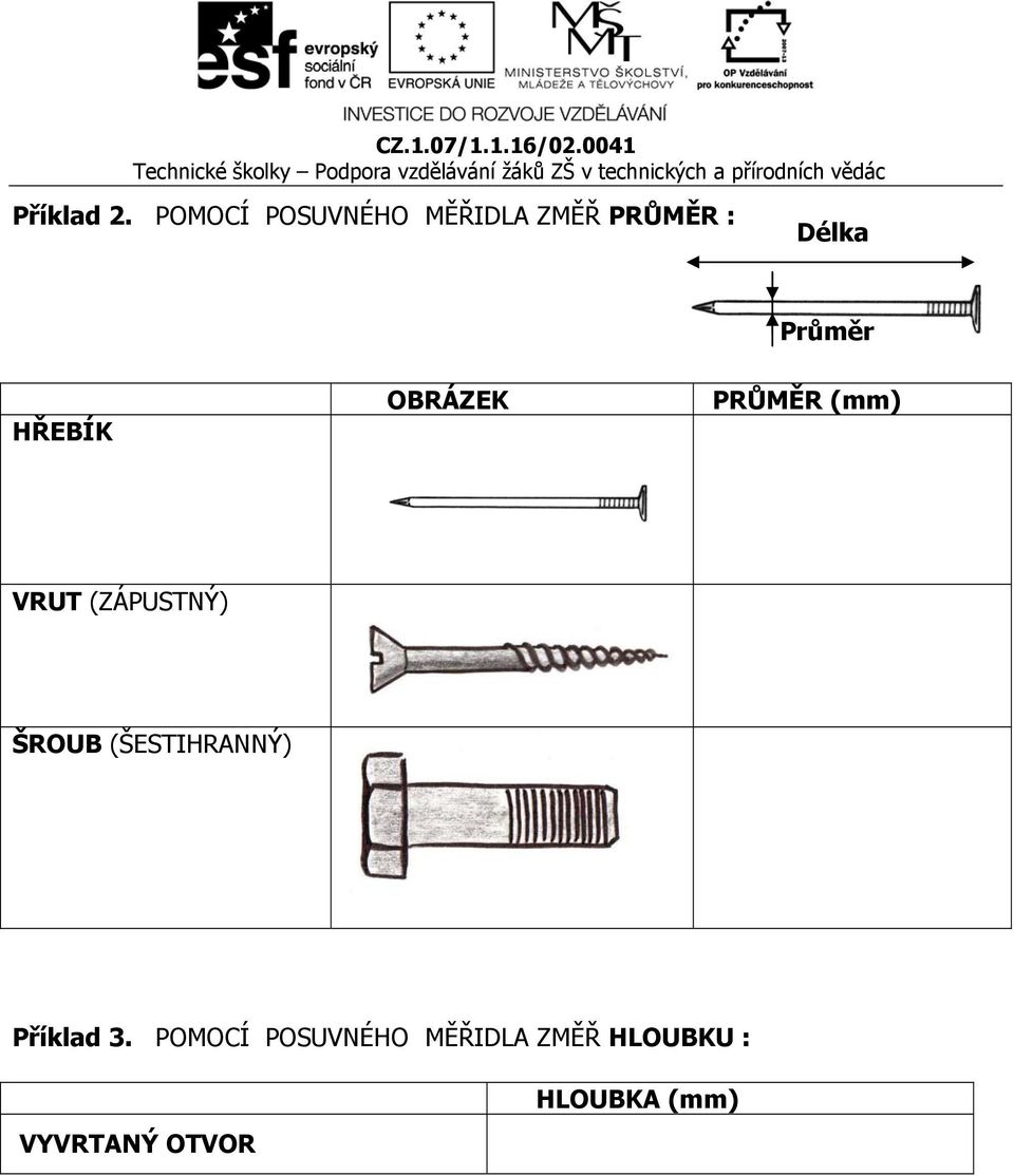 Průměr HŘEBÍK OBRÁZEK PRŮMĚR (mm) VRUT (ZÁPUSTNÝ)