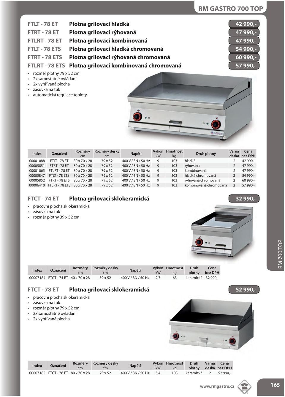 zásuvka na tuk automatická regulace teploty Výkon Hmotnost Varná Druh plotny kw kg deska 00001088 FTLT - 78 ET 80 x 70 x 28 79 x 52 400 V / 3N / 50 Hz 9 103 hladká 2 42 990,- 00005851 FTRT - 78 ET 80