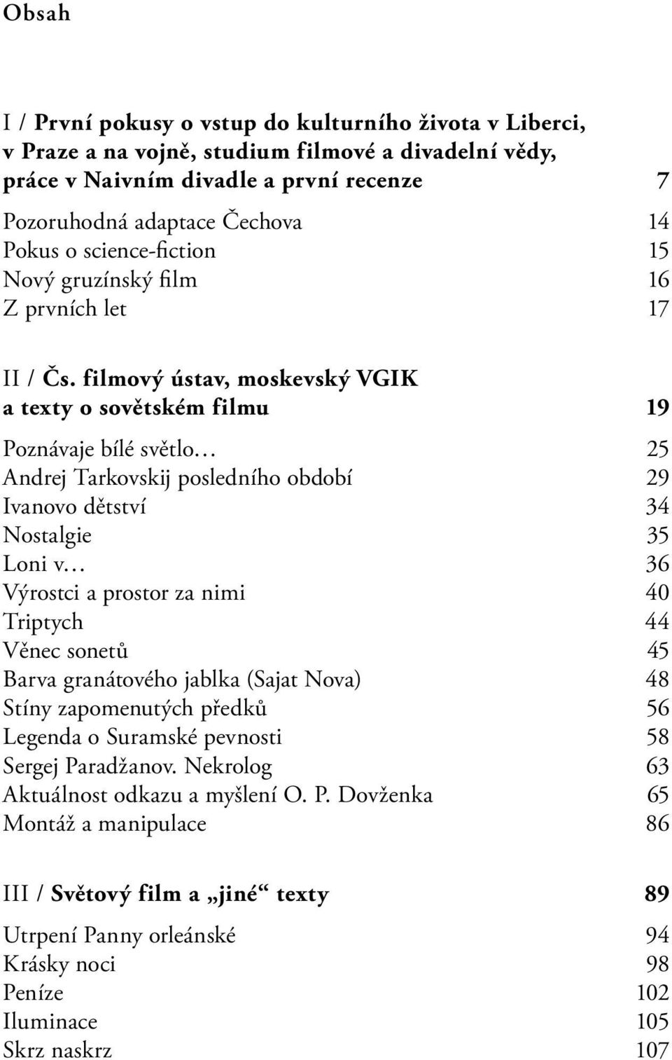 filmový ústav, moskevský VGIK a texty o sovětském filmu 19 Poznávaje bílé světlo 25 Andrej Tarkovskij posledního období 29 Ivanovo dětství 34 Nostalgie 35 Loni v 36 Výrostci a prostor za nimi 40