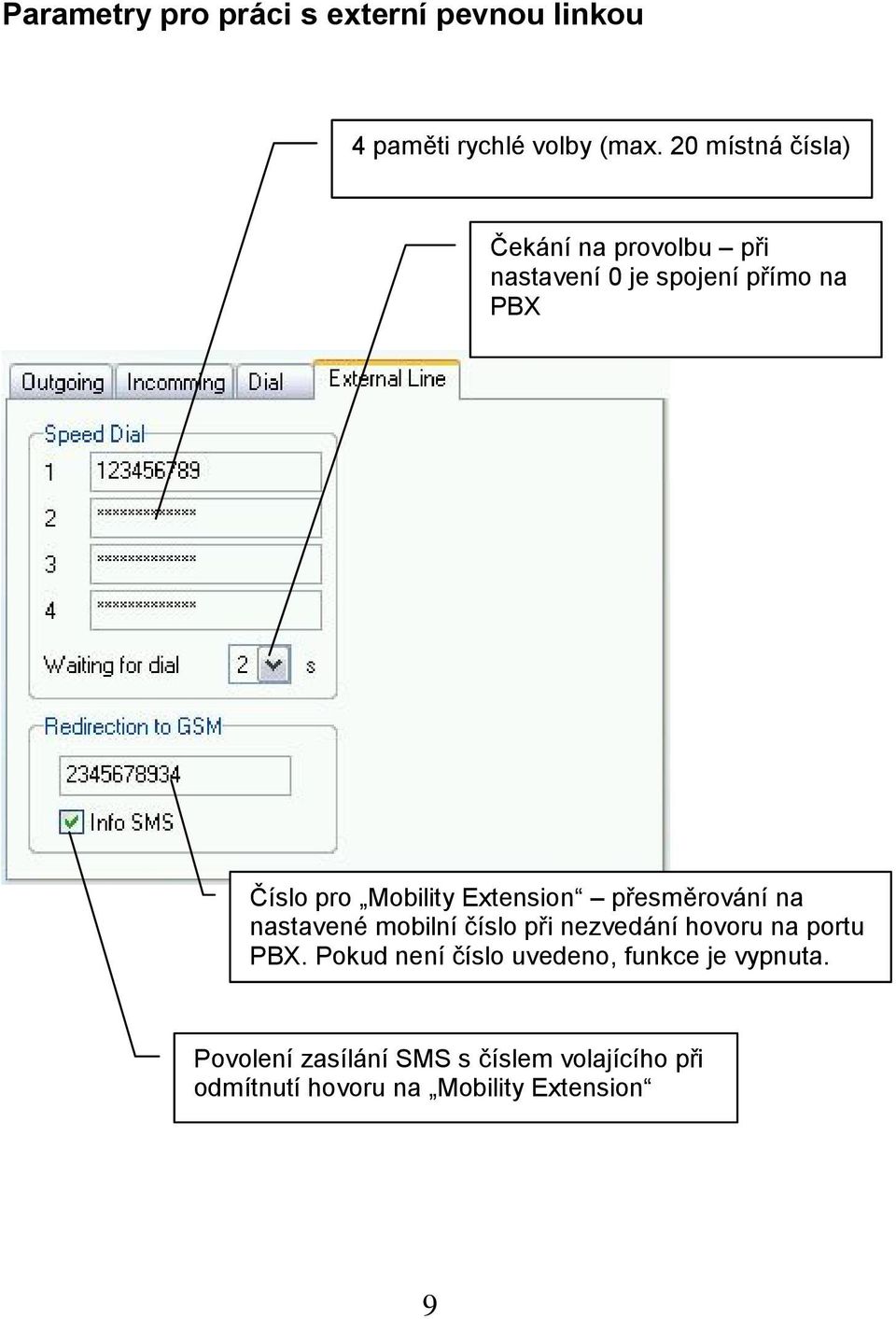 Extension přesměrování na nastavené mobilní číslo při nezvedání hovoru na portu PBX.