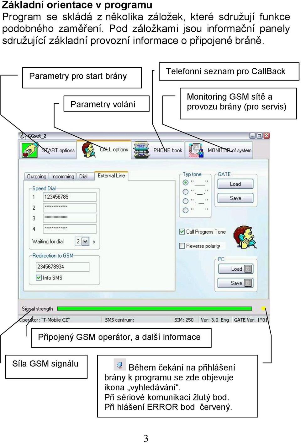 Parametry pro start brány Parametry volání Telefonní seznam pro CallBack Monitoring GSM sítě a provozu brány (pro servis) Připojený