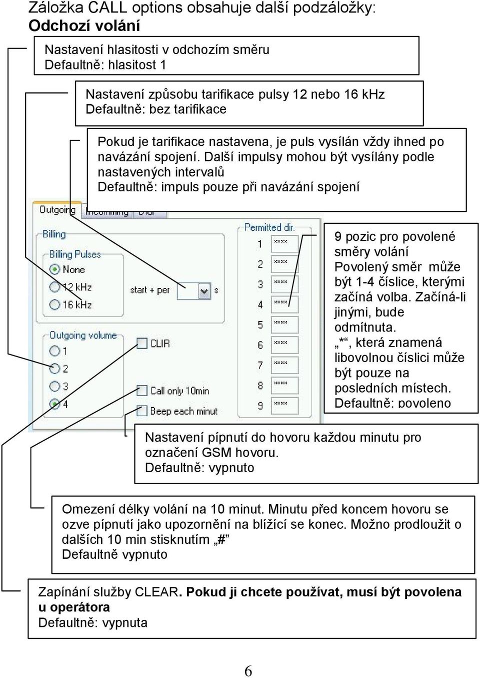 Další impulsy mohou být vysílány podle nastavených intervalů Defaultně: impuls pouze při navázání spojení 9 pozic pro povolené směry volání Povolený směr může být 1-4 číslice, kterými začíná volba.