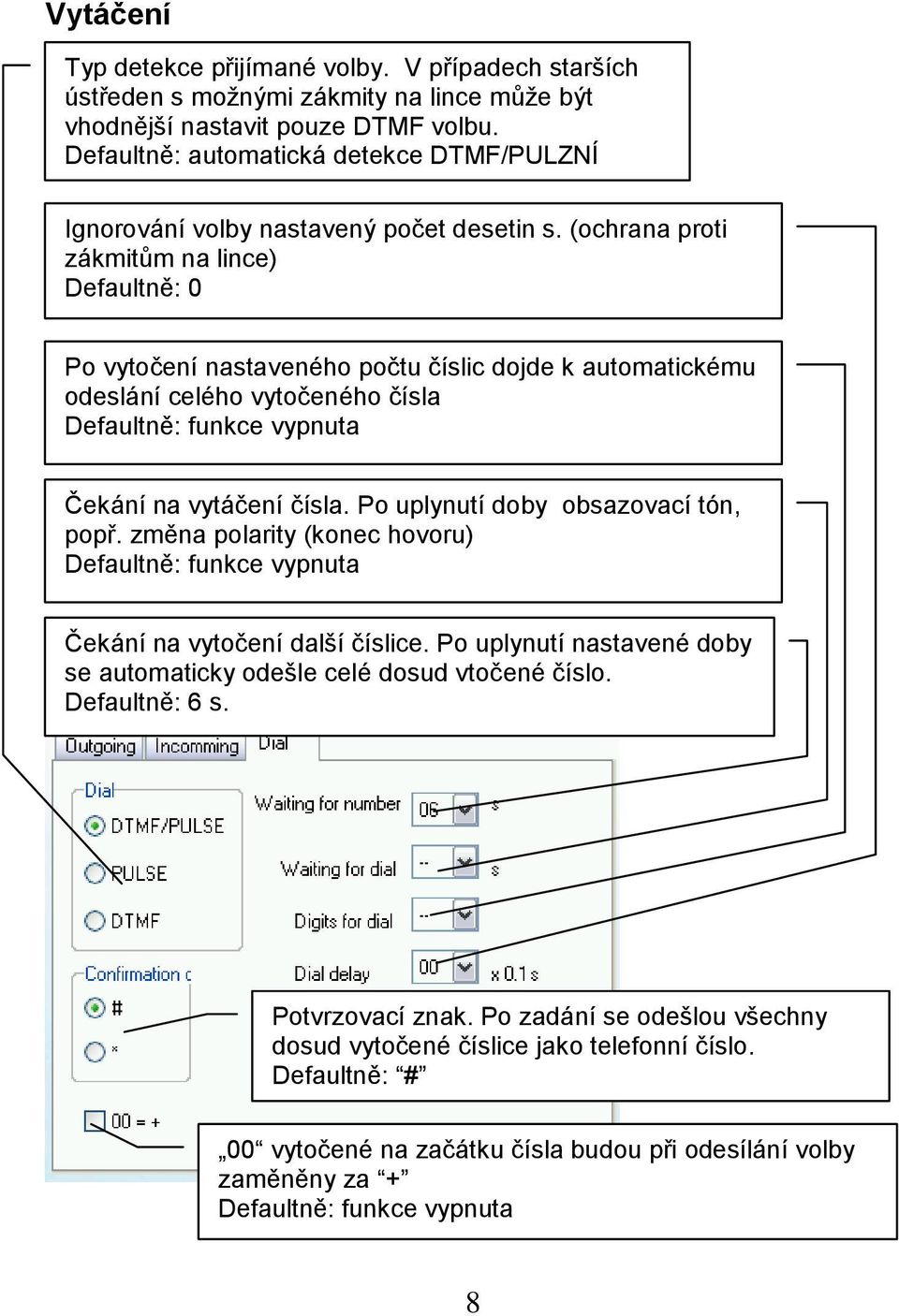 (ochrana proti zákmitům na lince) Defaultně: 0 Po vytočení nastaveného počtu číslic dojde k automatickému odeslání celého vytočeného čísla Defaultně: funkce vypnuta Čekání na vytáčení čísla.