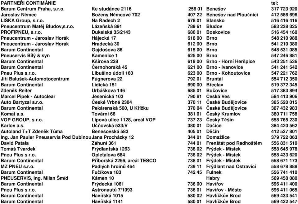 Horák Hradecká 30 612 00 Brno 541 210 380 Barum Continental Gajdošova 86 615 00 Brno 548 531 085 Pneuservis Bílý & syn Kamenice 1 625 00 Brno 547 246 881 Barum Continental Kšírova 238 619 00 Brno -