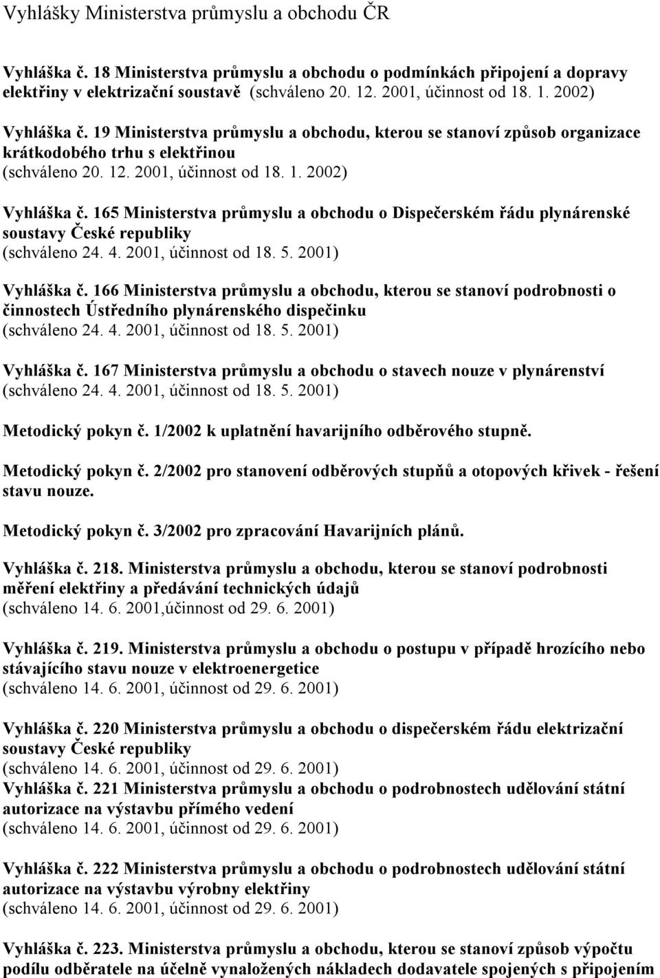 4. 2001, účinnost od 18. 5. 2001) Vyhláška č. 166 Ministerstva průmyslu a obchodu, kterou se stanoví podrobnosti o činnostech Ústředního plynárenského dispečinku (schváleno 24. 4.