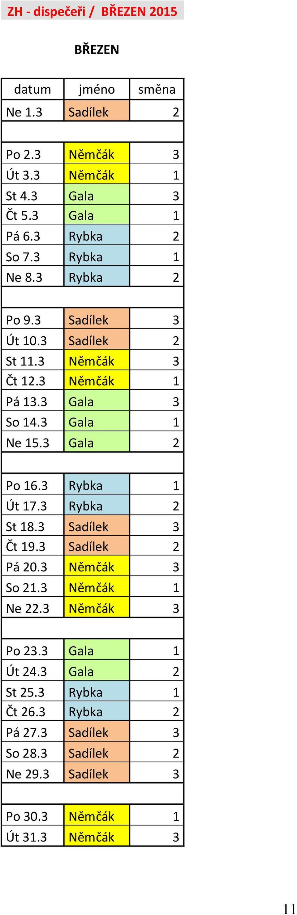 3 Gala 1 Ne 15.3 Gala 2 Po 16.3 Rybka 1 Út 17.3 Rybka 2 St 18.3 Sadílek 3 Čt 19.3 Sadílek 2 Pá 20.3 Němčák 3 So 21.3 Němčák 1 Ne 22.