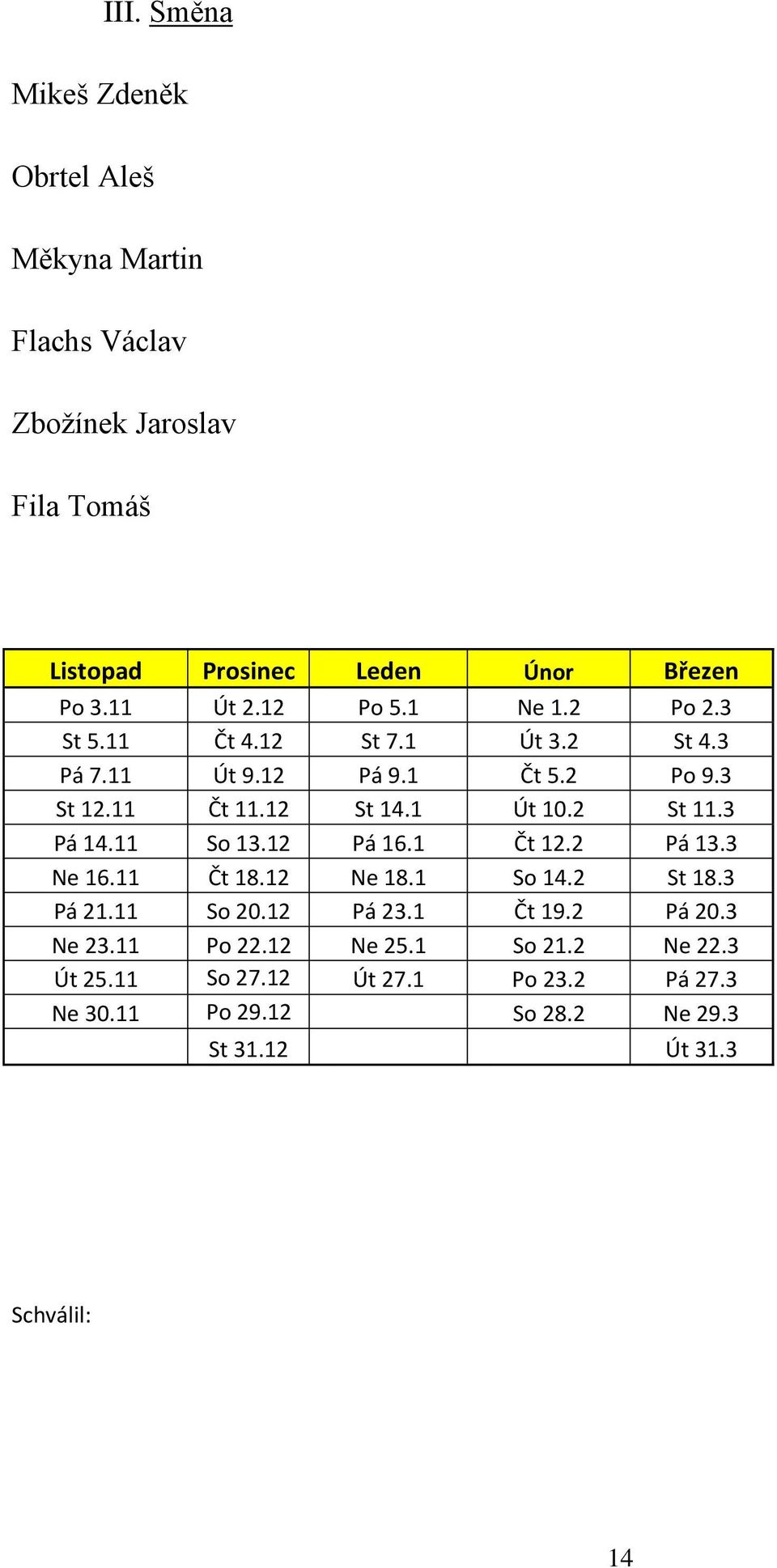 2 St 11.3 Pá 14.11 So 13.12 Pá 16.1 Čt 12.2 Pá 13.3 Ne 16.11 Čt 18.12 Ne 18.1 So 14.2 St 18.3 Pá 21.11 So 20.12 Pá 23.1 Čt 19.2 Pá 20.