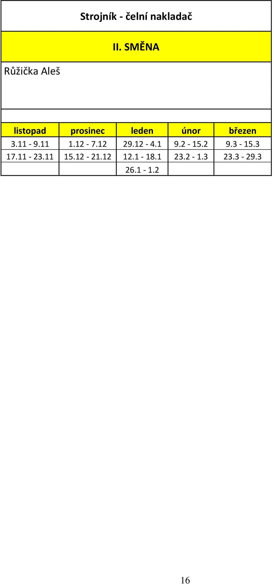 březen 3.11-9.11 1.12-7.12 29.12-4.1 9.2-15.2 9.