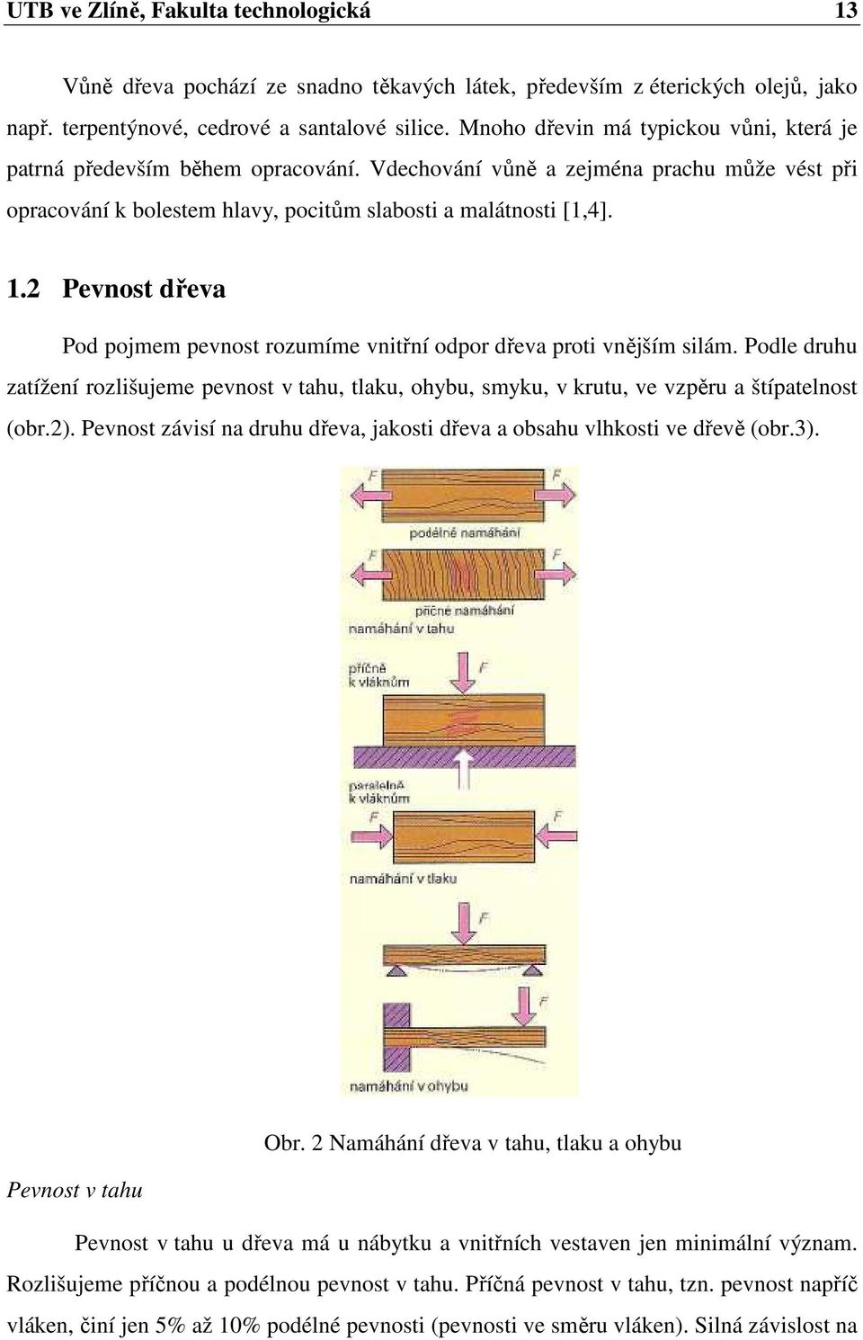 2 Pevnost dřeva Pod pojmem pevnost rozumíme vnitřní odpor dřeva proti vnějším silám. Podle druhu zatížení rozlišujeme pevnost v tahu, tlaku, ohybu, smyku, v krutu, ve vzpěru a štípatelnost (obr.2).