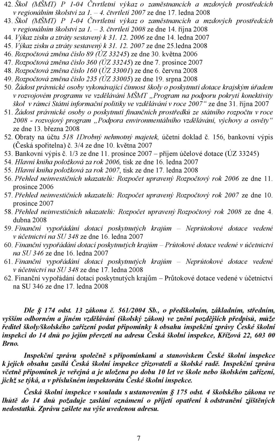 2006 ze dne 14. ledna 2007 45. Výkaz zisku a ztráty sestavený k 31. 12. 2007 ze dne 25.ledna 2008 46. Rozpočtová změna číslo 89 (ÚZ 33245) ze dne 30. května 2006 47.