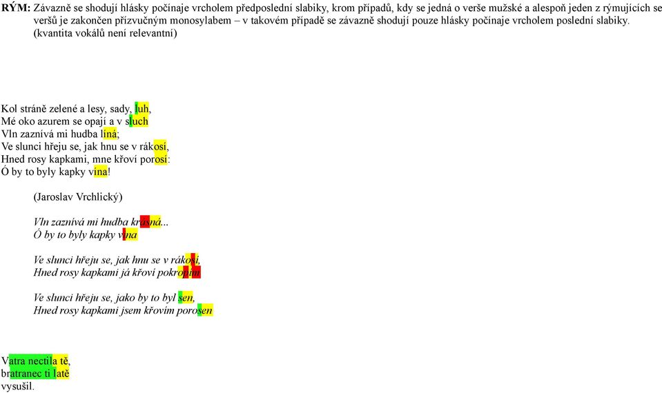 (kvantita vokálů není relevantní) Kol stráně zelené a lesy, sady, luh, Mé oko azurem se opají a v sluch Vln zaznívá mi hudba líná; Ve slunci hřeju se, jak hnu se v rákosí, Hned rosy kapkami, mne
