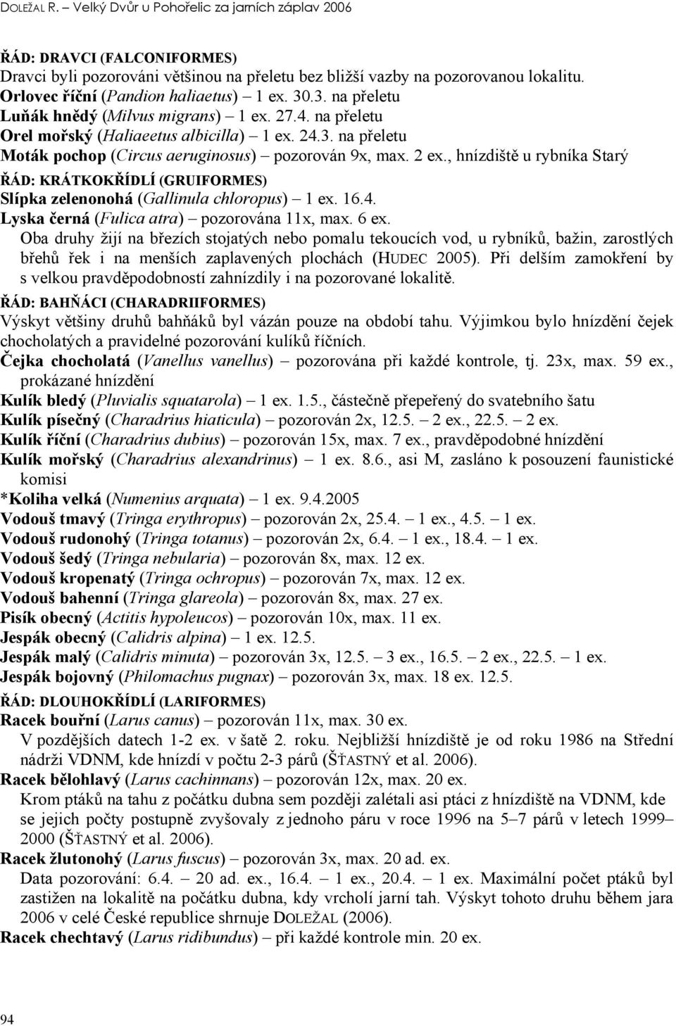 2 ex., hnízdiště u rybníka Starý ŘÁD: KRÁTKOKŘÍDLÍ (GRUIFORMES) Slípka zelenonohá (Gallinula chloropus) 1 ex. 16.4. Lyska černá (Fulica atra) pozorována 11x, max. 6 ex.