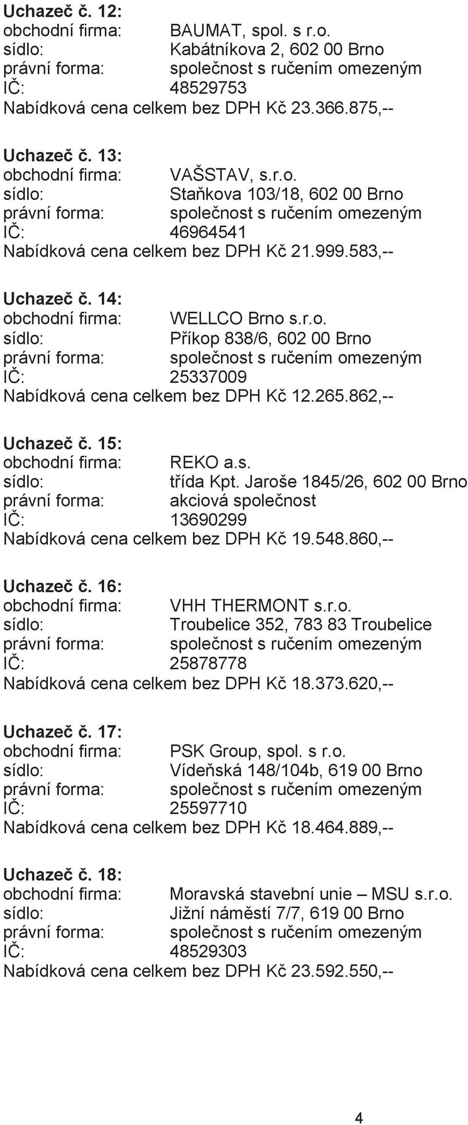 Jaroše 1845/26, 602 00 Brno IČ: 13690299 Nabídková cena celkem bez DPH Kč 19.548.860,-- Uchazeč č. 16: obchodní firma: VHH THERMONT s.r.o. Troubelice 352, 783 83 Troubelice IČ: 25878778 Nabídková cena celkem bez DPH Kč 18.