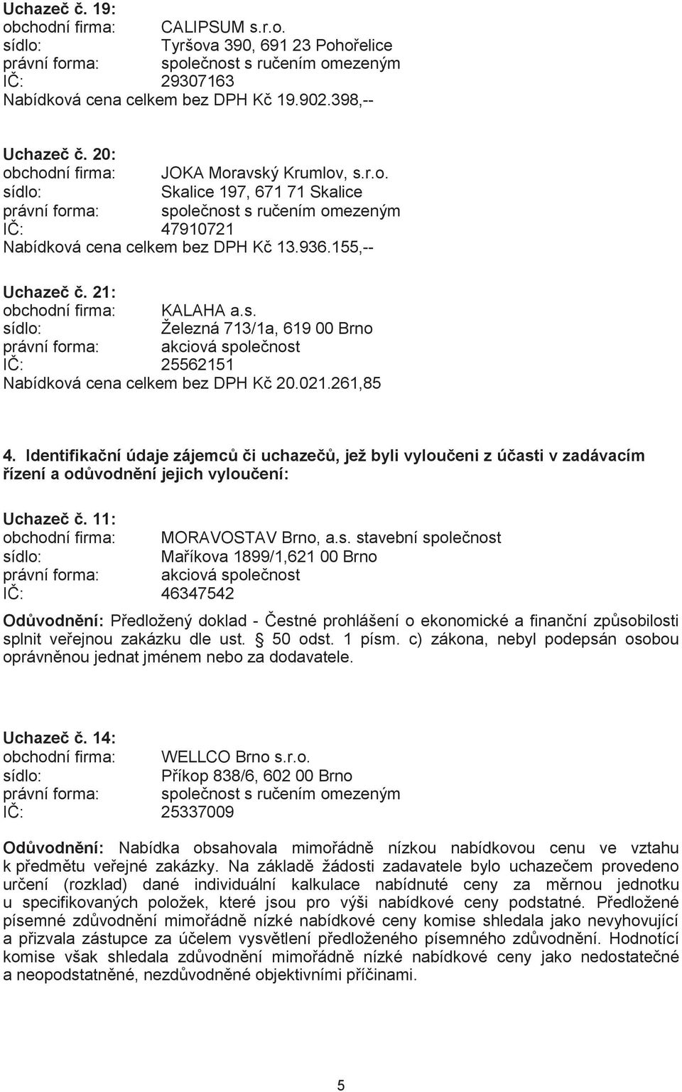 Identifikační údaje zájemců či uchazečů, jež byli vyloučeni z účast