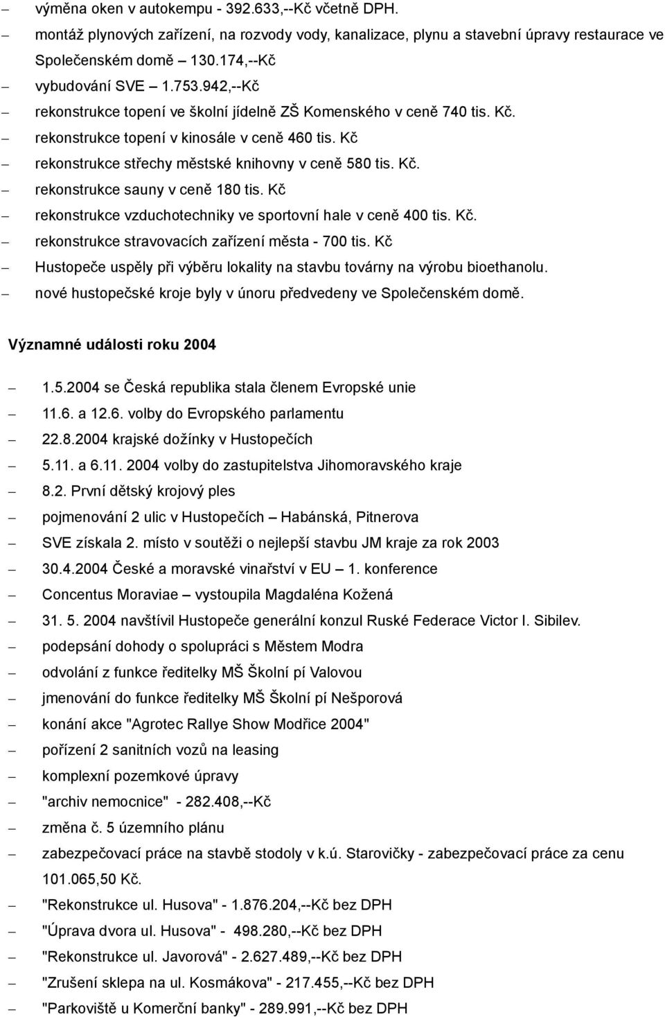 Kč rekonstrukce vzduchotechniky ve sportovní hale v ceně 400 tis. Kč. rekonstrukce stravovacích zařízení města - 700 tis.