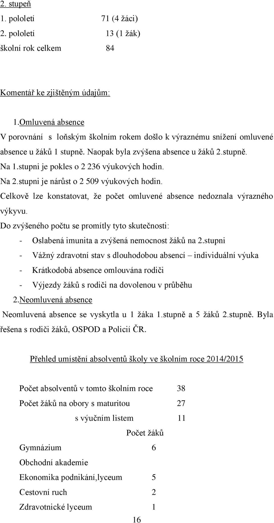 stupni je pokles o 2 236 výukových hodin. Na 2.stupni je nárůst o 2 509 výukových hodin. Celkově lze konstatovat, že počet omluvené absence nedoznala výrazného výkyvu.