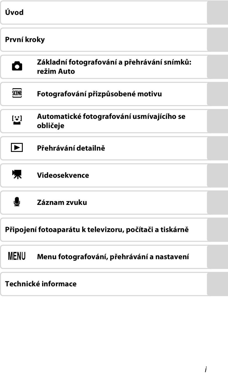 Přehrávání detailně Videosekvence Záznam zvuku Připojení fotoaparátu k televizoru,