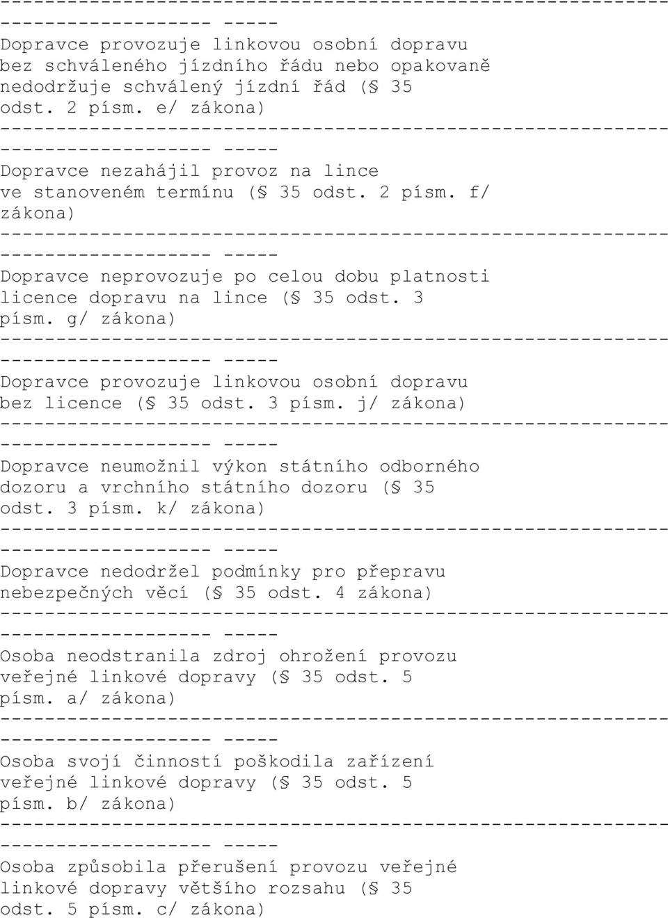 g/ zákona) Dopravce provozuje linkovou osobní dopravu bez licence ( 35 odst. 3 písm. j/ zákona) Dopravce neumožnil výkon státního odborného dozoru a vrchního státního dozoru ( 35 odst. 3 písm. k/ zákona) Dopravce nedodržel podmínky pro přepravu nebezpečných věcí ( 35 odst.