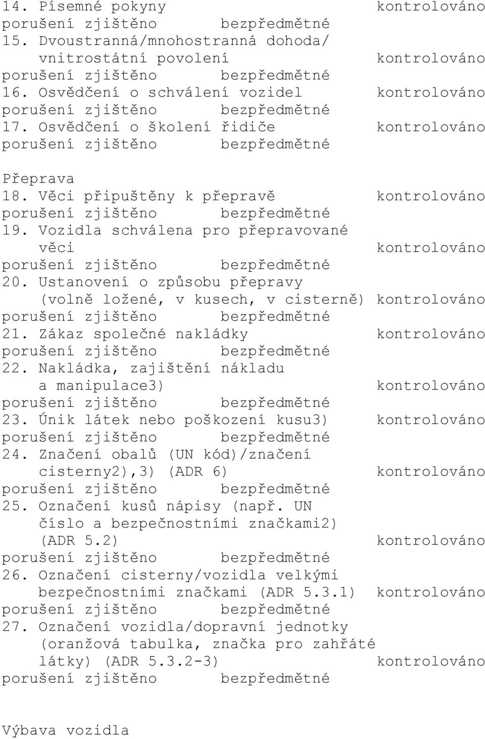 Ustanovení o způsobu přepravy (volně ložené, v kusech, v cisterně) kontrolováno 21. Zákaz společné nakládky kontrolováno 22. Nakládka, zajištění nákladu a manipulace3) kontrolováno 23.