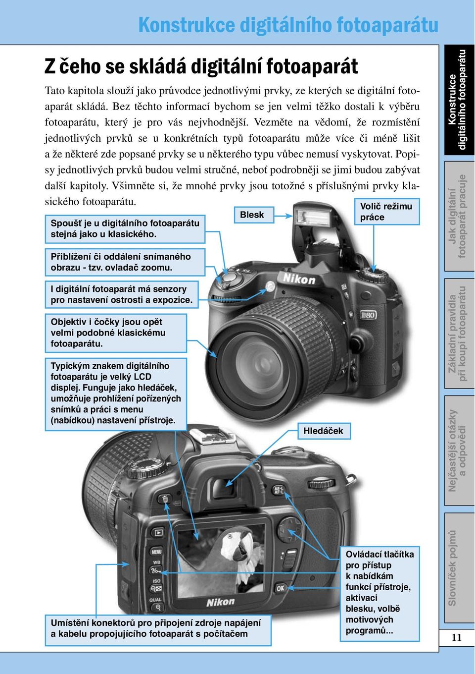 Vezměte na vědomí, že rozmístění jednotlivých prvků se u konkrétních typů fotoaparátu může více či méně lišit a že některé zde popsané prvky se u některého typu vůbec nemusí vyskytovat.